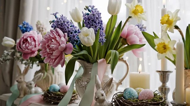 Easter table decoration in realistic style in pastel colors representing spring home interior