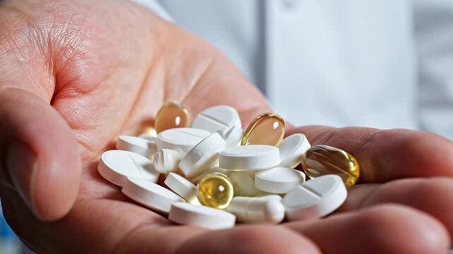 many kind tpills and capsules medicine on the palm