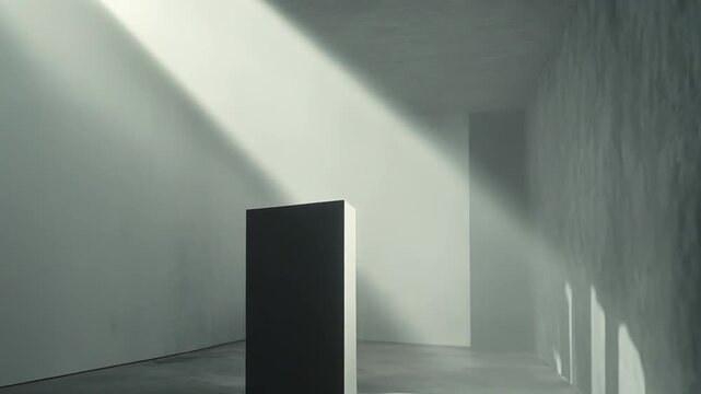 Abstract geometric block in a minimalist concrete corridor, stark light and shadow creating a dreamlike atmosphere that suggests choice, mystery, and an uncertain path forward