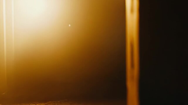 Golden light piercing through a hazy, dusty atmosphere in a dark hallway, creating dramatic shadows and a sense of mystery, hope, and an unknown path forward