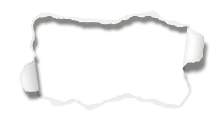 Horizontal ripped white paper revealing blank space with curled edges and shadow effect for text or design