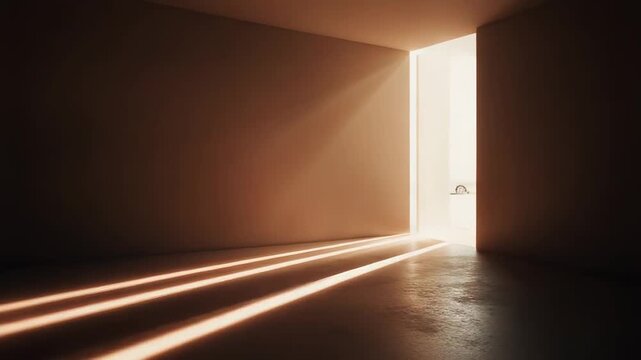 Bright light streams through an open doorway into a dark, empty room, casting long, parallel shadows across the floor, symbolizing new beginnings, opportunity, and future possibilities