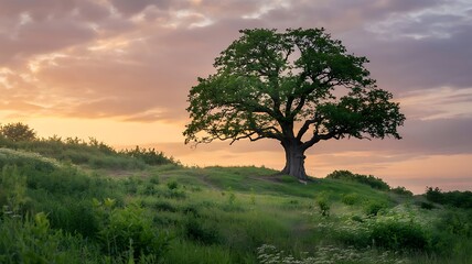 Obraz premium Golden Hour Glow on a Majestic Oak Tree in a Lush Green Field