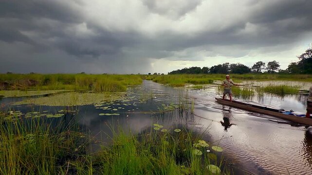 Travelers navigate the shallow waters of Okavango Delta using a canoe. They walk along the banks while observing the landscape and wildlife under dramatic skies.