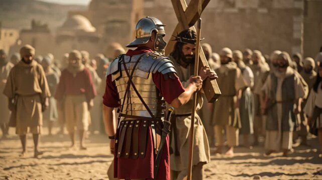 Roman soldier watching Jesus Christ carry cross through crowd during Passion of Christ event, religious Holy Friday.