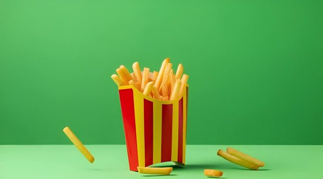 French Fries Falling Out of Red and Yellow Container, Motion Study, Green Background, Stock Media