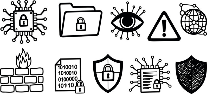 Hand drawn black and white cybersecurity icons including shield lock folder firewall and binary code symbols set