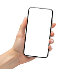 Hand holding blank smartphone isolated on transparent background