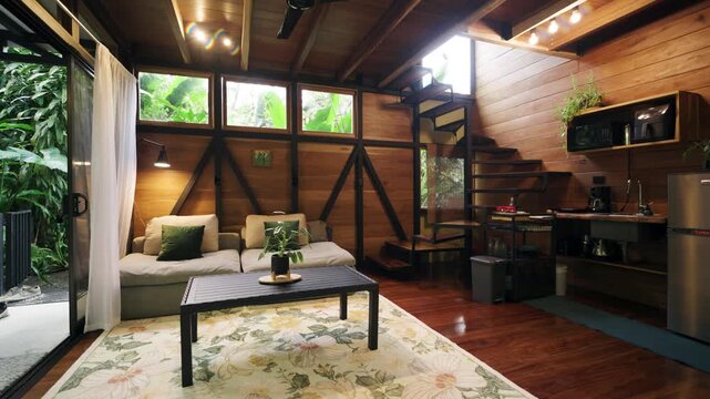 Cozy interior of a rustic wooden cabin nestled in a tropical jungle. Eco friendly tiny house featuring a modern design with a kitchenette