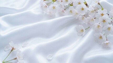 Elegant White Satin Background with Delicate Pink Sakura Flowers and Petals
