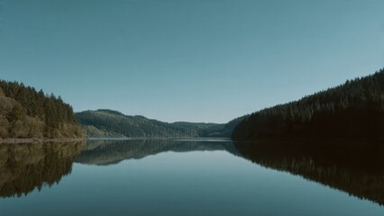 Serene Lake Surrounded by Forest Hills