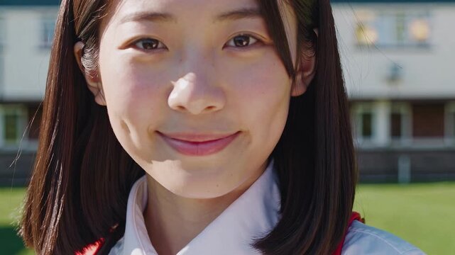 Portrait of a beautiful asian high school student smiling with dimples and looking at the camera outdoors in the campus yard