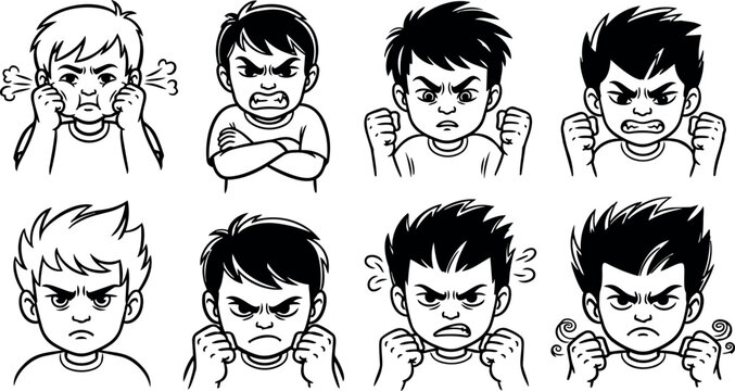 Black and white vector line art of angry boys with clenched fists and fierce expressions showing frustration and irritation in various poses