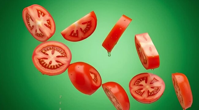 Fresh Tomato Slices Falling with Cinematic Motion on Green Background