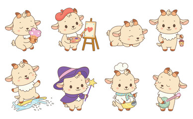 Fototapeta premium Funny goats. Cute goat chef, painter, musician. Cartoon animals different poses, sleeping, eating ice cream, surfing, nowaday vector characters
