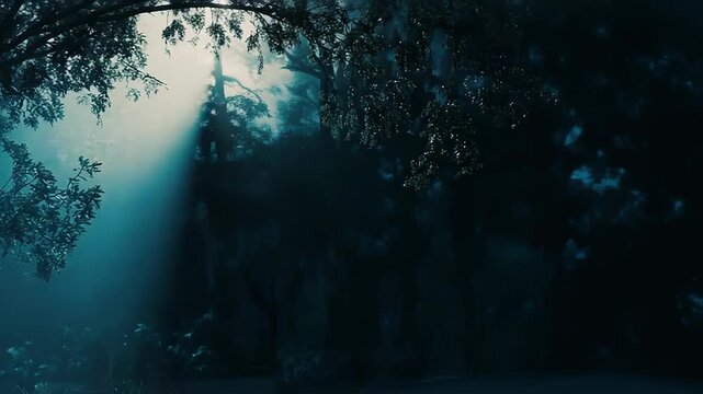 Deep teal forest with ethereal beams slicing through mist, illuminating mossy trees and ferns for a mysterious, enchanted atmosphere of magic and fantasy