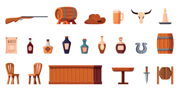 Western tavern elements. Saloon furniture and items. Alcohol drinks bottles, wooden barrel, cowboy hat, doors and gun. Isolated wild west sapid vector clipart