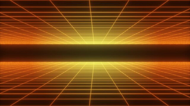 Horizontal abstract glowing grid background with orange and yellow grid with alpha channel. Abstract futuristic synthwave color minimal background animated. 80s style retro style. Seamless loop 4K