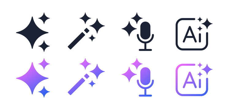 Set of generative AI buttons. Active inactive button, for UI UX, apps, websites, and Interfaces. Stars, magic wand, microphone, rounded square button. Vector gradient illustration