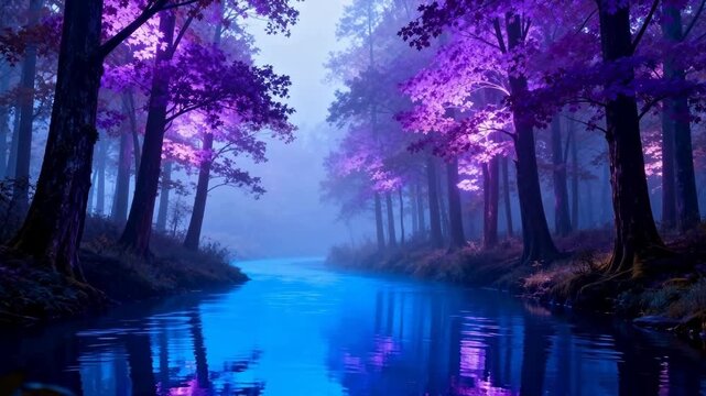 Mystical forest with purple trees and blue river