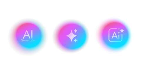 Obraz na płótnie Canvas AI assistant star buttons set. Neural network, artificial intelligence, and smart technology for apps, chatbots, and digital platforms in minimal design. Blurred gradient blobs with Ai icons. vector
