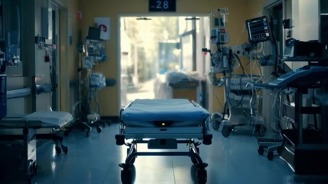 Medium shot capturing a gurney positioned and ready in a sterile preop bay focused on the bed while surroundings remain softly out of focus.