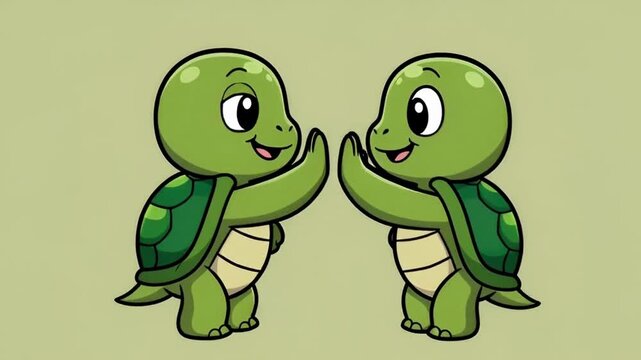 Two cute turtles giving a high-five gesture against a light green background, perfectly embodying the essence of fun.