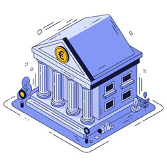 Naklejka premium Stylized isometric european bank building illustration with euro symbol. No editable stroke