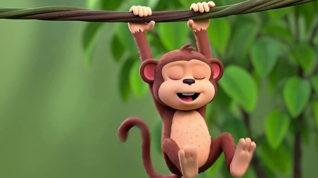 A playful monkey hanging on a lush green vine, its eyes closed in contentment, a vibrant depiction of joy and adventure.