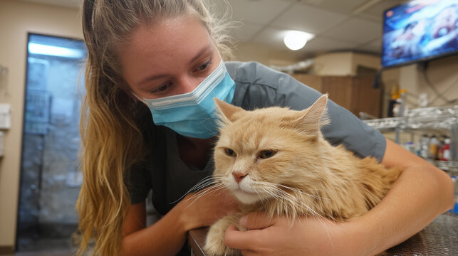 Ai woman in face mask holds fluffy orange cat in animal clinic with monitors in background during regular check-up