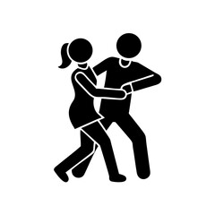 Black stick figure couple dancing, social event icon for apps.