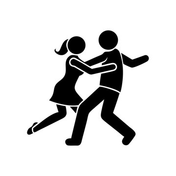 Black stick figure couple dancing, social ballroom dance pictogram icon.