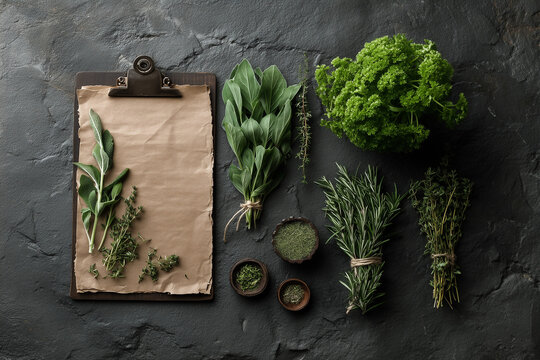Frische K&uuml;chenkr&auml;uter  - Flat Lay mit Klemmbrett auf dunklem Steinuntergrund