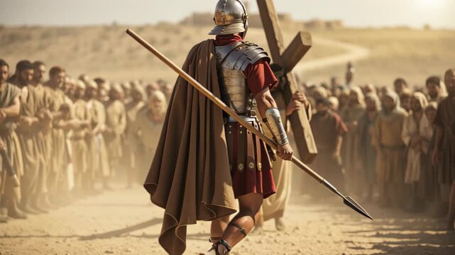 Roman soldier watching man carrying cross along dusty road, followed by crowd, depicting Via Dolorosa