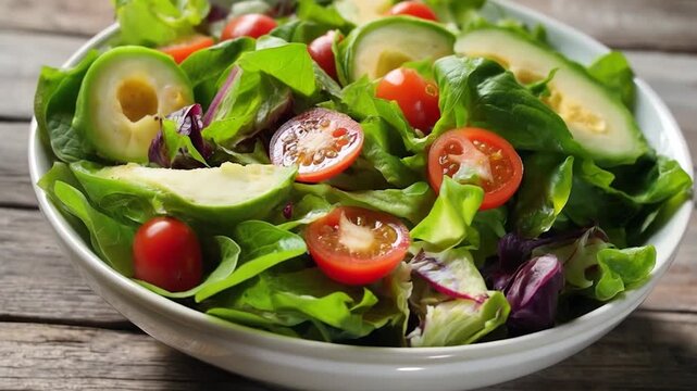 Fresh vegan salad with avocado and cherry tomatoes spinning on a rustic wooden table, healthy eating and diet concept