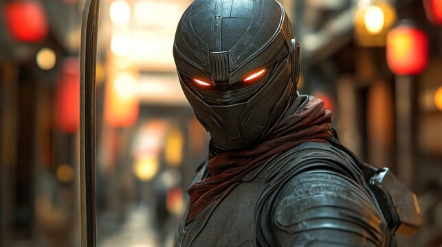 Futuristic warrior in dark helmet with glowing orange eyes, holding a blade in a blurred neon-lit city street.