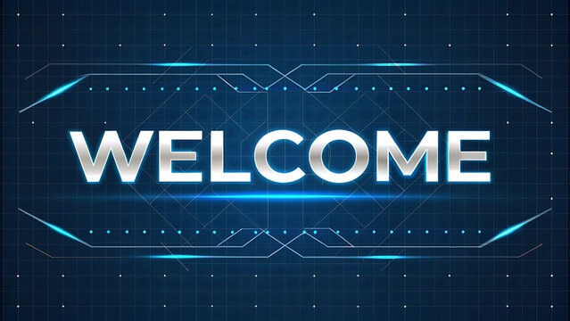 A futuristic welcome message on a dark blue background with neon lights