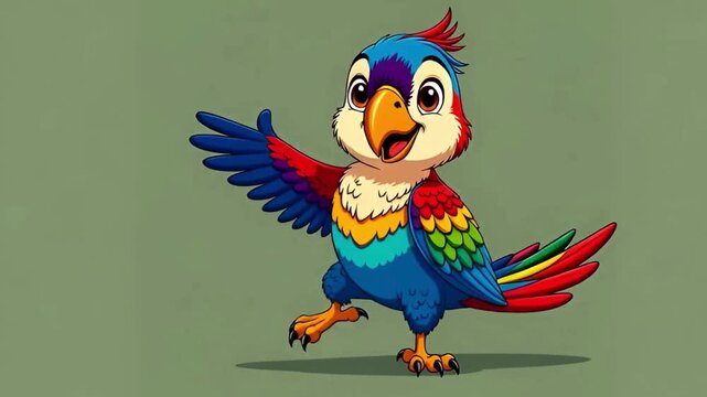 A vibrant cartoon parrot strikes a cheerful pose, exuding playful energy against a backdrop of soft green.