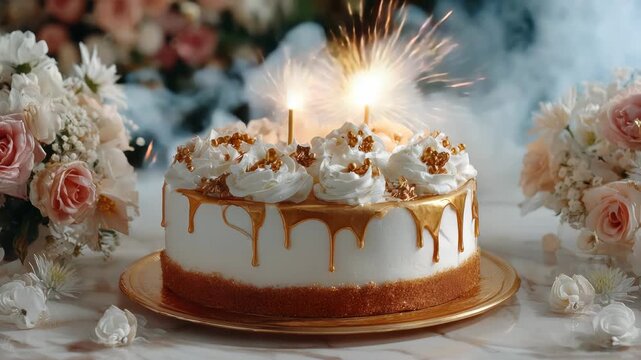 An elegantly decorated white cake with dripping gold icing and lit sparklers is surrounded by flowers