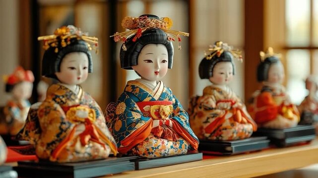 Hinamatsuri display with tiered hina dolls and cherry blossom decorations in a traditional Japanese home. Girls' Day celebration, prayers for the health and happiness of girls with festive decorations