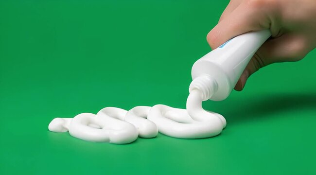 Hand Squeezing White Cream From Tube Onto Green Surface, Close-up Detail