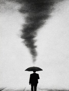 Man Stands Under Umbrella as Dark Cloud Hovers: Conceptual Illustration