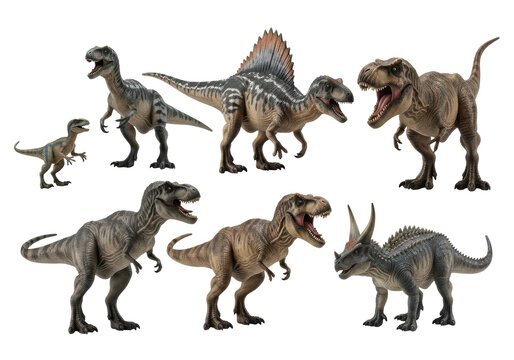 Detailed realistic dinosaur toy collection: T-Rex, Velociraptor, Carnotaurus, dynamic on white background with copy space, concept for educational product.