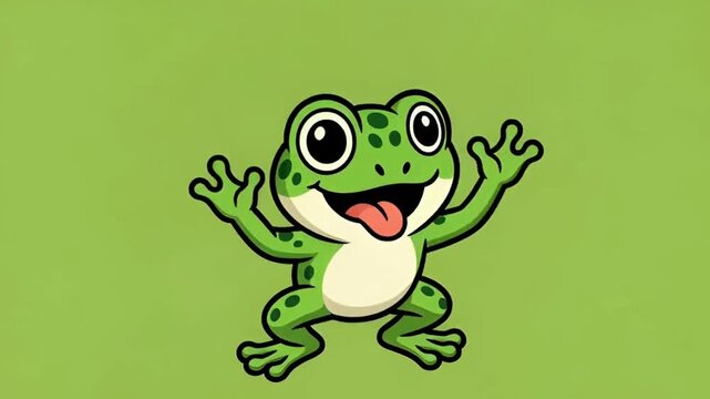 A cheerful cartoon frog on a light green backdrop.