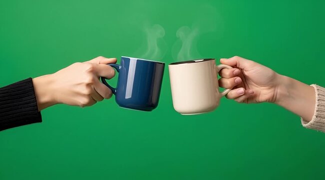 Hands Clinking Coffee Mugs with Steam, Green Screen Background, Stock Media