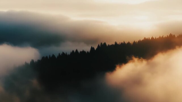 Misty clouds wrapping evergreen slopes at sunrise, warm golden light filtering through pines to create a serene, ethereal mountain landscape with soft, dreamy atmosphere