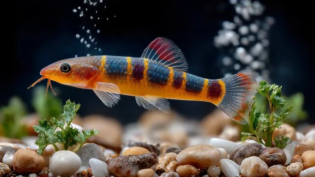 An orange and blue striped fish swims in an aquarium with stones and bubbles