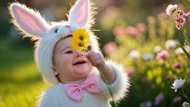 A charming infant dressed as an Easter bunny delights in a sunlit garden, holding a vibrant flower, their joyful expression radiating warmth and innocence. 