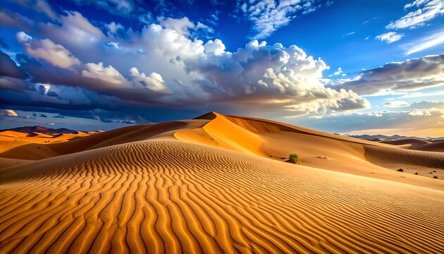 Vast golden desert landscape featuring rolling sand dunes under a vibrant, dramatic sky of blues and billowing clouds