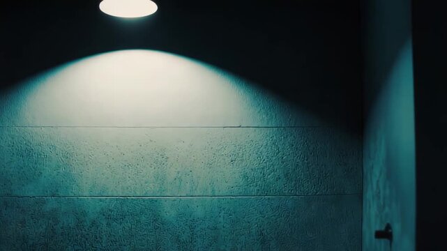 Distressed industrial wall texture, illuminated by a focused teal light from above, creating a dramatic gradient effect and emphasizing its grittiness within a confined space